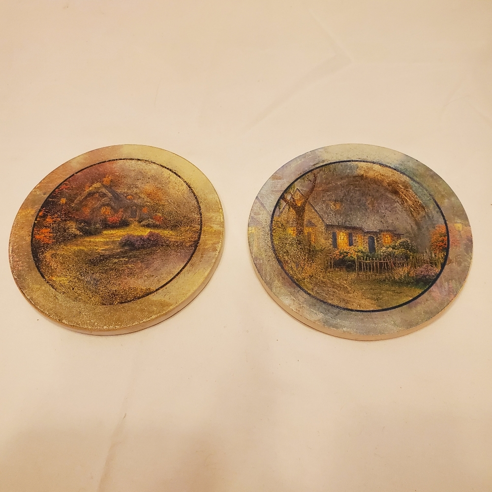 Vintage Country Cottage Stoneware And Cork Coasters, Set of 2